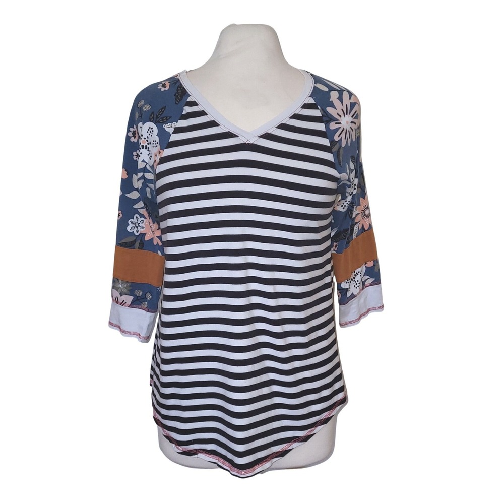 Matilda Jane 'Choose Your Own Path" Black White Striped Floral Baseball Tee M